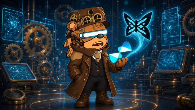 A digital illustration of a steampunk-style bear character wearing goggles and a top hat, holding a glowing blue butterfly in a mechanical environment.