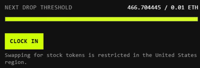 A close-up of a UI section showing 'NEXT DROP THRESHOLD 466.704445 / 0.01 ETH' with a yellow progress bar and a 'CLOCK IN' button, noting that 'Swapping for stock tokens is restricted in the United States region.'