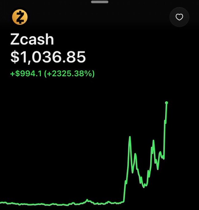 A mobile app screenshot shows Zcash cryptocurrency priced at $1,036.85 with a gain of +$994.1 (+2325.38%), displayed alongside a green line chart trending sharply upward.