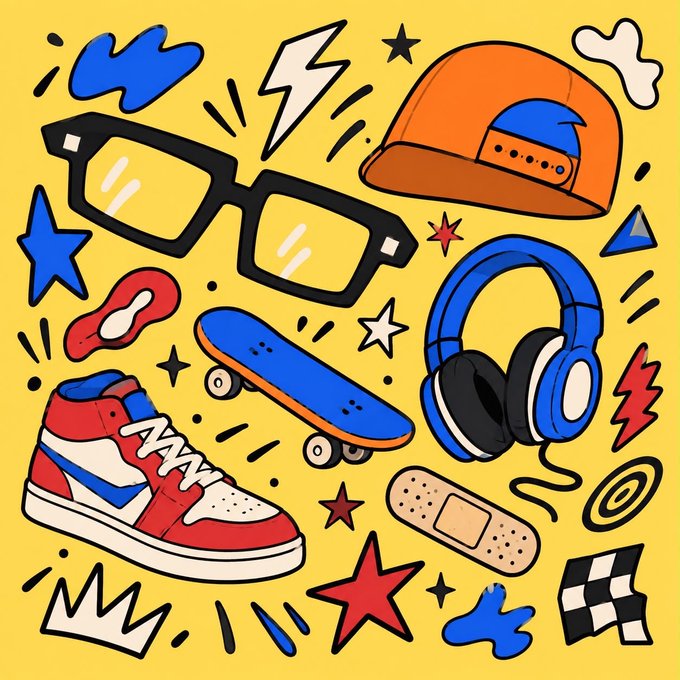 A colorful, cartoon-style illustration of various streetwear items on a yellow background, including glasses, a baseball cap, headphones, a sneaker, a skateboard, a bandage, a crown, stars, and a checkered flag.