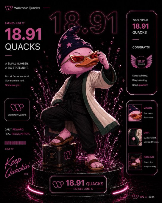 The image features an illustration of a pink duck standing on top of a black box or sculpture with two feet visible above it. The duck is wearing sunglasses and holding its foot up high while looking towards the right side of the photo. Below this central figure, there's information about Quacks and their daily activities such as eating, sleeping, flying, and swimming. It also includes a line from the post which states "THE RETRACTION FLOOR ON @wallchainJUST SHIFTED INTO THE UPPER teens! The momentum is establishing an entirely new stratosphere".