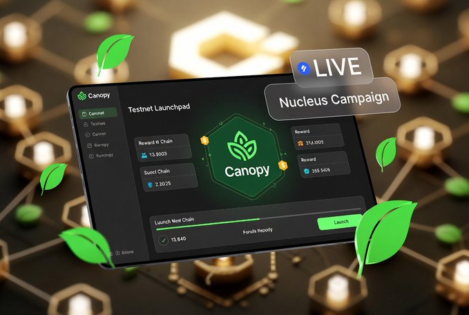 The image shows an open tablet displaying a screen with information about the @CNPYNetwork Testnet and Launchpad. The text on the screen reads "Yesterday I finally spent a proper session on the @CNPYNetwork Testnet and Launchpad as part of the Nucleus Campaign". The post also mentions that the user has launched a simple virtual chain, which is represented by a green hexagon with a leaf symbol in the center.
