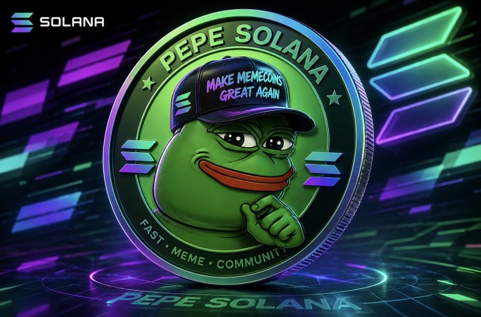 A stylized coin featuring Pepe the Frog wearing a "MAKE MEMECOINS GREAT AGAIN" cap, branded as "PEPE SOLANA" with the Solana logo, set against a vibrant neon background — matching the post promoting the $PEPE Solana token address.
