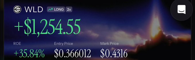 A trading interface screenshot showing a profitable long 2x position on WLD (Worldcoin) with a gain of +$1,254.55, a 35.84% ROE, entry price of $0.366012, and mark price of $0.4316.