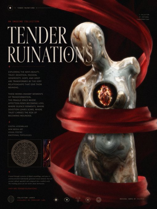 A digital art poster titled "TENDER RUINATIONS" featuring a marble-textured humanoid sculpture with a glowing orange core, wrapped in red fabric against a dark background.