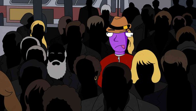An animated scene showing a purple-skinned character in a red outfit and brown hat sticking out his tongue in a crowd of silhouettes.