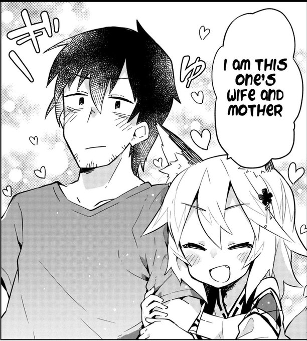 A manga-style image shows a smiling young girl with light hair and a clover hair clip clinging to the arm of a stoic, dark-haired man, surrounded by heart symbols. The girl's speech bubble declares "I am THIS one's WIFE and MOTHER," humorously supporting the optimistic caption "we're all gonna make it" by depicting a wholesome, loving family dynamic.