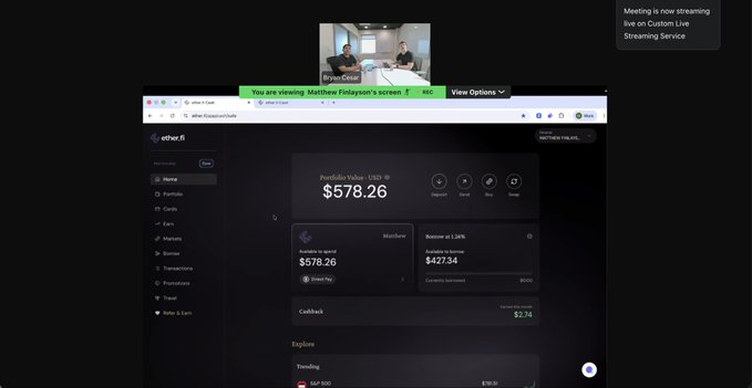 The image shows a screen recording of a meeting where a presenter is sharing their screen displaying the ether.fi dashboard with a portfolio value of $578.26 USD, alongside an ETH ticker showing $2,34 and a small video feed of two men in the top corner. This relates to the caption by showcasing ether.fi's financial interface in action, reinforcing its branding as a crypto-focused "financial super app."