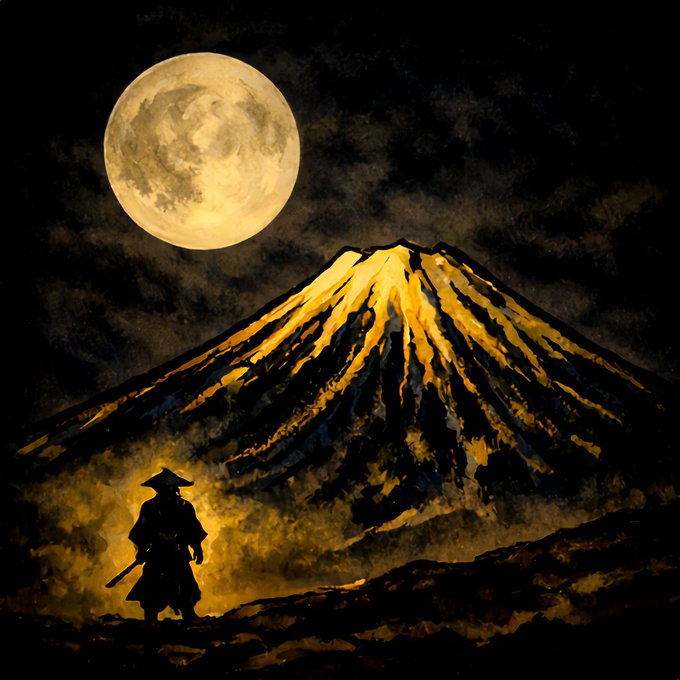 Dramatic illustration of a samurai silhouette standing before a glowing, golden Mount Fuji-style volcano under a large full moon.
