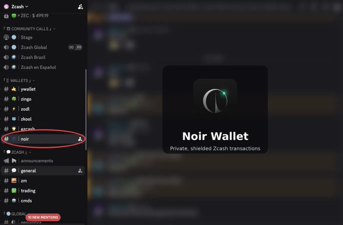 Discord server interface for Zcash highlighting the Noir Wallet channel in red, described as 'Private, shielded Zcash transactions'.