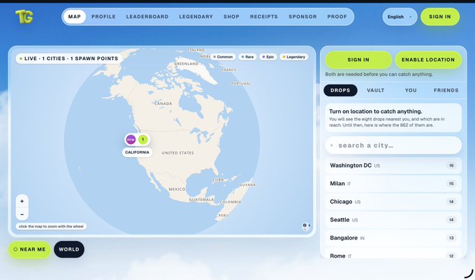 Screenshot of a website featuring a world map showing 'LIVE - 1 CITIES - 1 SPAWN POINTS' with a marker on California, alongside a location dropdown listing cities like Washington DC, Milan, and Chicago.