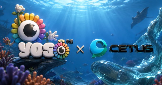 A promotional graphic showing a collaboration between 'Yoso' (featuring a colorful flower mascot character) and 'Cetus' (with its blue logo), set in an underwater coral reef scene with a manta ray.