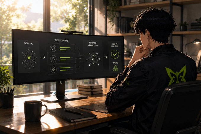 An anime-style illustration of a person with dark hair in a black jacket with a green logo, sitting at a desk looking at a curved monitor displaying 'WORKLOAD' and 'NETWORK VERIFICATION' network diagrams with various status indicators.