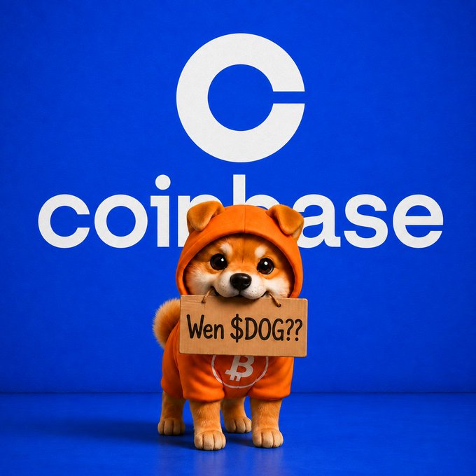 A Shiba Inu dog wearing an orange Bitcoin-themed hoodie stands in front of a blue Coinbase logo background, holding a sign that reads 'Wen $DOG??'.