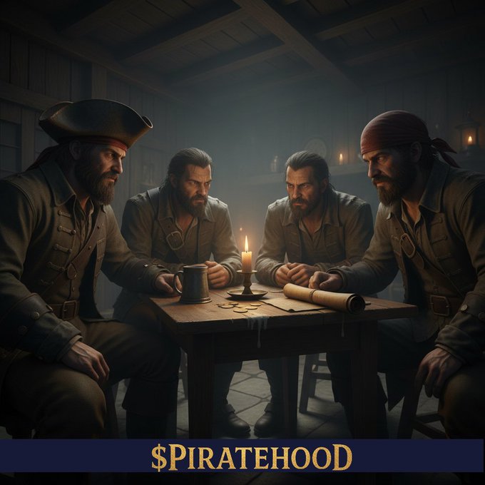 The image shows four men sitting around a table, with one of them holding a candle. They appear to be engaged in conversation or playing cards, possibly during a pirate-themed gathering. The caption for this image reads "Hard Truth: Dips are meant for refining your toolkit, not checking your wallet balance every five minutes. The combination of our token listing Radar and RadBot gives the hood complete domain over on-chain liquidity shifts." This message is related to the pirate theme of the image as it highlights the importance of using tokens like radar and radbot in trading games or virtual economies for better financial management within the pirate community.