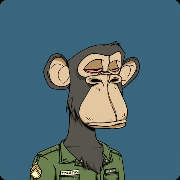 Digital art of a tired-looking Bored Ape NFT character wearing a 'U.S. ARMY' uniform with sergeant rank insignia and a name tag.
