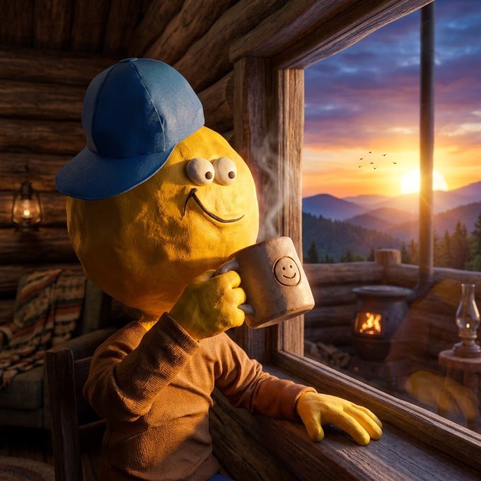 A 3D-rendered yellow character wearing a blue cap and brown sweater holds a steaming mug with a smiley face while sitting at a cabin window overlooking a sunset over mountains.