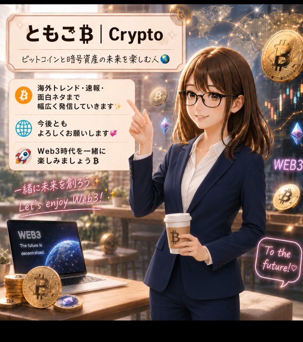 An anime-style illustration of a young woman in a business suit holding a Bitcoin coffee cup, with Japanese text promoting a 'Crypto' channel called 'ともこⓢ' focused on Bitcoin and Web3 content.