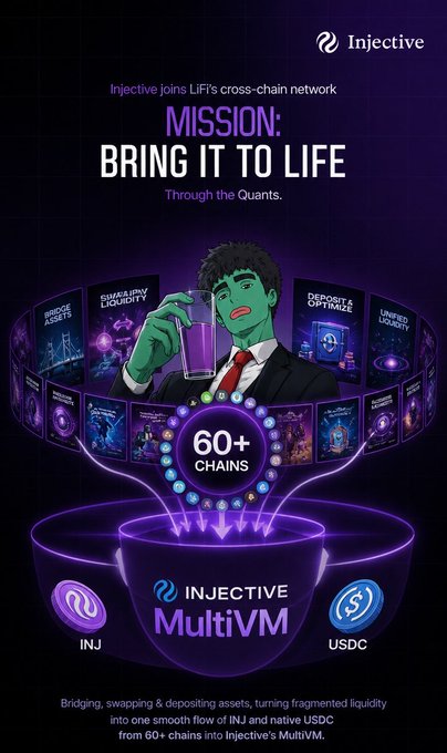 A promotional graphic for Injective cryptocurrency, headlined 'MISSION: BRING IT TO LIFE Through the Quants,' highlighting their MultiVM integration supporting 60+ chains for INJ and USDC.
