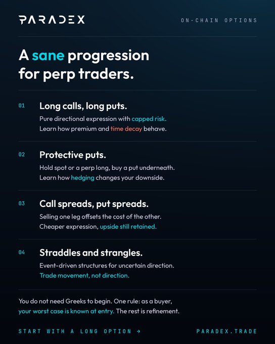 A promotional graphic for 'PARADEX ON-CHAIN OPTIONS' titled 'A sane progression for perp traders,' outlining a four-step educational path from long calls to straddles and strangles.