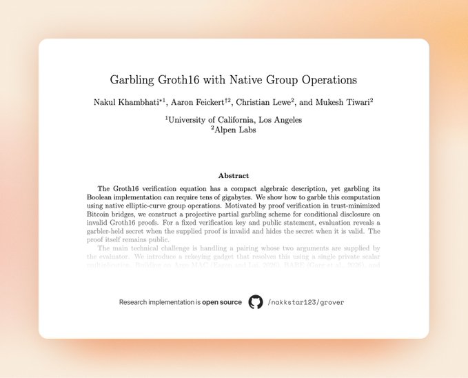 Title card for an academic paper titled 'Garbling Groth16 with Native Group Operations' by Nakul Khambhati, Aaron Feickert, Christian Lewin, and Mukesh Tiwari, with the abstract partially visible.