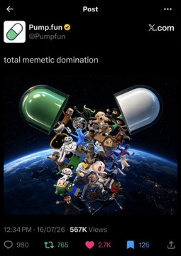 A Pump.fun post on X with the text 'total memetic domination' showing an image of characters bursting out of a capsule against Earth.
