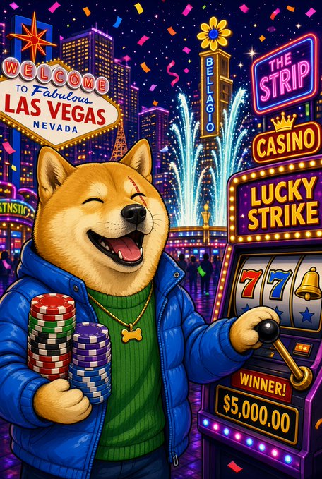 A colorful AI-generated illustration of a smiling Shiba Inu dog wearing a blue puffer jacket and gold bone necklace, holding casino chips in front of a Las Vegas-themed slot machine showing 'LUCKY STRIKE' and '777' with a $5,000.00 winner display.