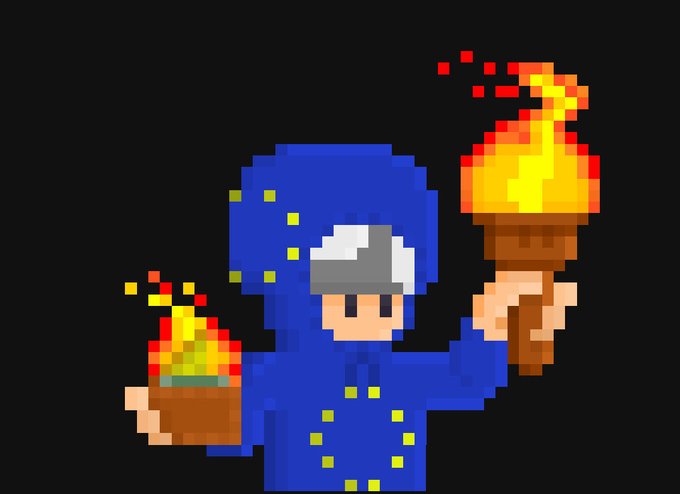 A pixel art character wearing a blue hooded robe holds a flaming torch in one hand and a small flame bowl in the other, symbolizing the "OrdTorches" Bitcoin Ordinals NFT collection referenced in the post.

The image directly relates to the post's mention of "@OrdTorches" by depicting a torchbearer figure, visually representing the OrdTorches Ordinals NFT project being promoted.