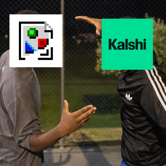 Two people facing each other against a fence, one with an inset pixel art logo (Art Blocks style) and the other obscured by a green Kalshi logo.
