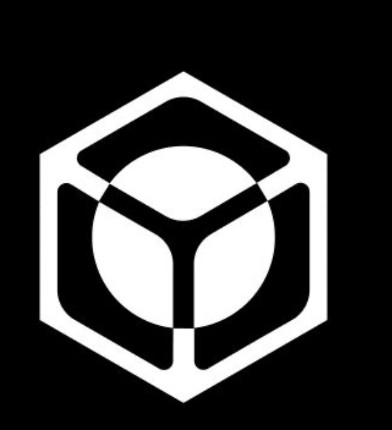 A white geometric logo resembling a stylized 3D cube or hexagonal shape on a black background.