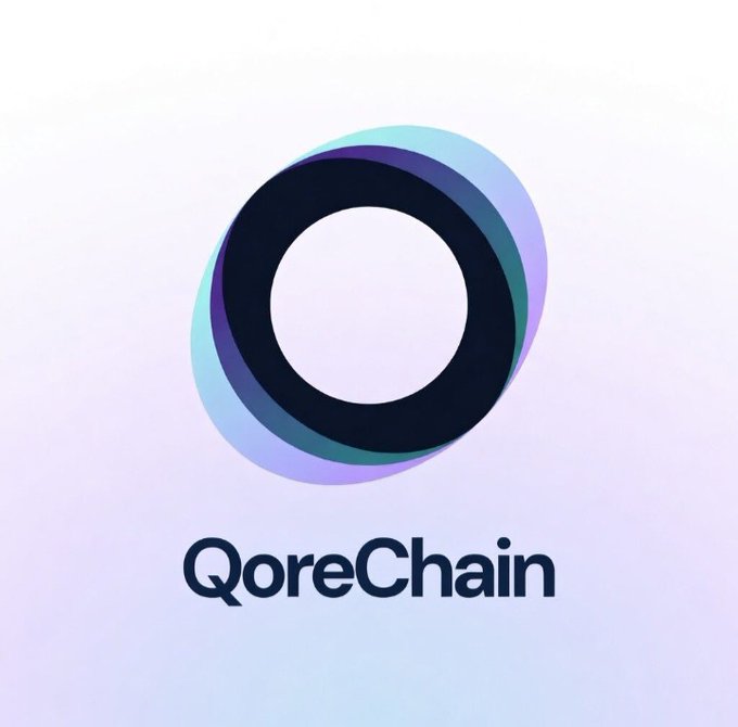 A logo for "QoreChain" consists of a dark circle surrounded by overlapping teal and purple rings against a soft pastel background.