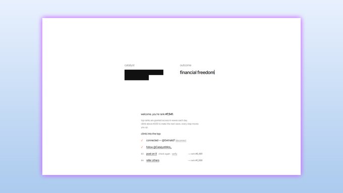 A minimalist website interface with the header 'welcome, you're rare #SAR' and the outcome 'financial freedom!' listed on a white background.