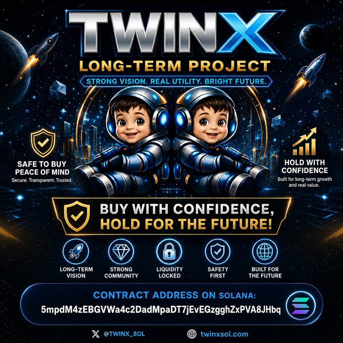 Promotional poster for 'TWINX LONG-TERM PROJECT' featuring twin astronaut characters, promoting 'BUY WITH CONFIDENCE, HOLD FOR THE FUTURE!' with Solana contract address 5mpdM4zEBGVWa4c2DadMpaDT7jEvEGzgghZxPVA8JHbq and handle @TWINX_SOL.