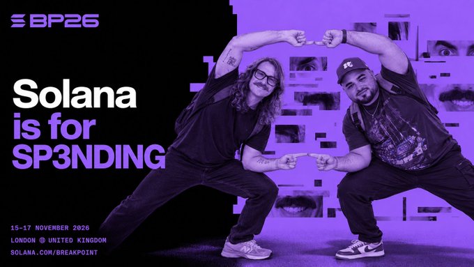 Promotional banner for 'Solana is for SP3NDING' at Breakpoint 2026 (BP26), taking place 15-17 November 2026 in London, United Kingdom.