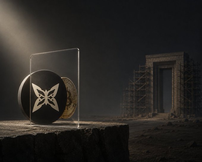 A dramatic dark scene featuring a clear display case containing a black coin with a butterfly emblem, positioned on a stone surface with a golden coin partially visible behind it and an ancient stone gateway structure in the misty background.
