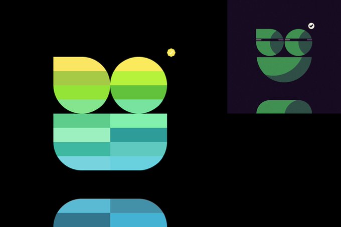 Two stylized, geometric illustrations of a creature or character with large round eyes in yellow-green and green hues, set against black and dark purple backgrounds.