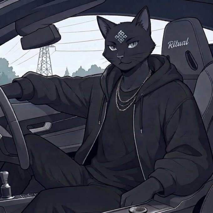 An anime-style illustration shows a black cat character wearing a hoodie and chains, sitting in the driver's seat of a car with a "Ritual" branded seat.