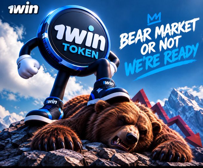 The image features a 3D-rendered character with a "1WIN TOKEN" coin for a body, wearing sneakers branded with "1win," standing triumphantly atop a defeated bear lying on rocky terrain, with a red downward arrow and snow-capped mountains in the background. Bold text reads "BEAR MARKET OR NOT WE'RE READY," visually reinforcing the post's message of confident resilience against a downturn market, with the triumphant pose over the "bear" symbolizing dominance over bearish conditions.