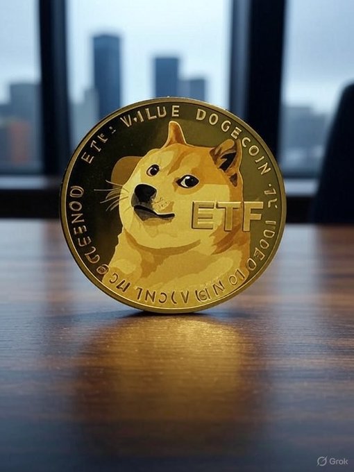 A gold commemorative coin featuring the Dogecoin Shiba Inu logo and "ETF" text stands on a wooden surface against a city skyline backdrop, visually representing the post's announcement that Dogecoin ETF net inflows have surpassed $12 million.