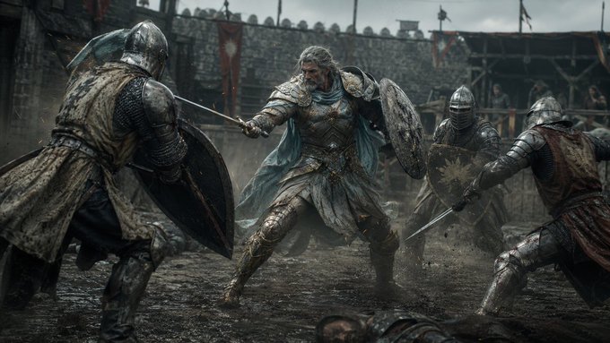 A lone armored warrior in tattered white and gold armor stands defiant against three sword-wielding knights on a muddy battlefield, ready to fight with sword and shield in hand.

The image's medieval combat scene metaphorically ties to the post, depicting the "House of Knight" crypto project as a battle of champions, where the $KNIGHT token represents the player fighting for rewards in a "Play & Earn" arena.