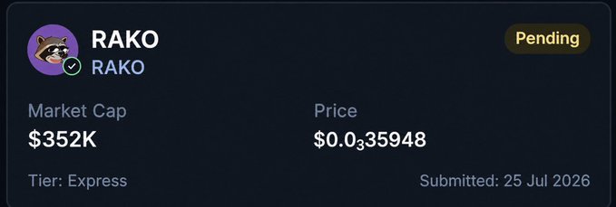 A screenshot of a pending crypto project listing on Jupiter's launchpad showing the token "RAKO" with a market cap of $352K, a price of $0.035948, and an Express tier status submitted on 25 Jul 2026, directly supporting the user's post about having just paid for an express listing and requesting verification.
