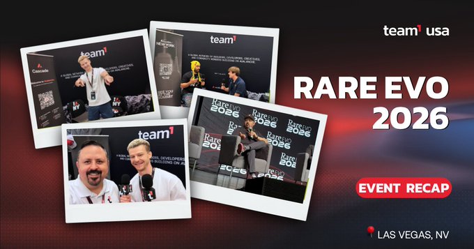 A promotional graphic for 'RARE EVO 2026' with an 'EVENT RECAP' badge and 'LAS VEGAS, NV' location, featuring the 'team1' logo and photos of the gaming event.