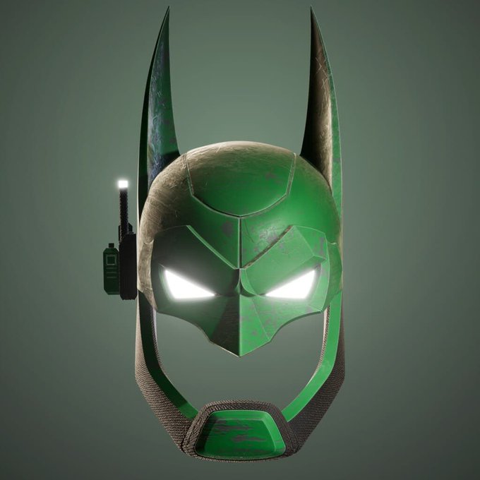 The image features a green helmet with a camera attached to its side, giving it an futuristic appearance. The helmet has a pair of glowing red eyes that appear to be alive, adding a sense of realism to the scene. The background is black, which contrasts with the vibrant colors and makes the helmet stand out even more. The caption at the bottom of the image reads: "Remember always be a Bored Ape @BoredApeYC or Cryptopunks @cryptopunks unless you can be Batman, if you can be Batman!".
