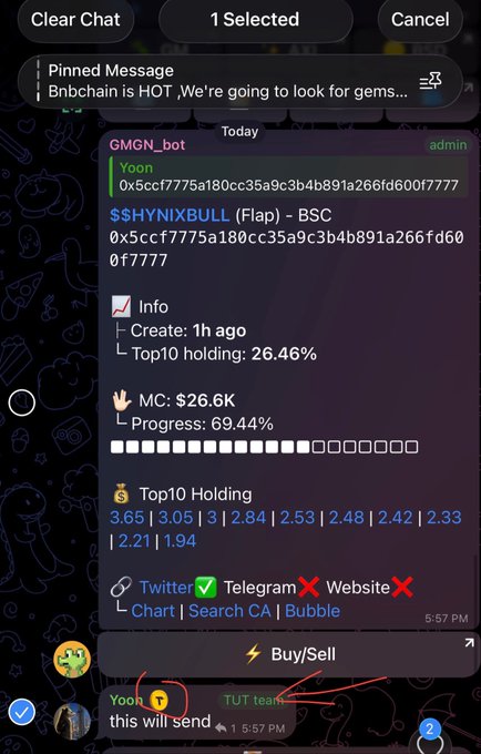 A Telegram chat screenshot shows a pinned message from "GMGN_bot" displaying details for the $HYNIXBULL token on BSC, including a market cap of $26.6K, 69.44% progress, and a 26.46% top-10 holding concentration, with the user typing "this will send" in reply to the contract address 0x5ccf7775a180cc35a9c3b4b891a266fd600f7777.
