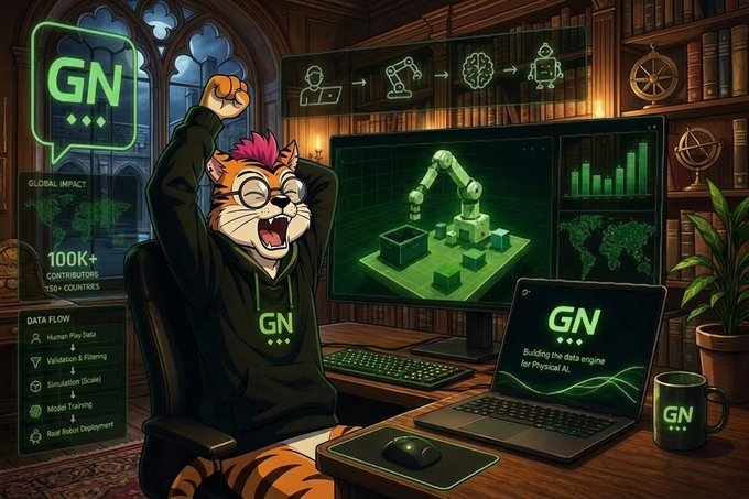 An illustrated mascot of a tiger with pink hair cheers while sitting at a desk with computer screens showing robot designs and data flows, wearing a green 'GN' branded hoodie in a library setting.