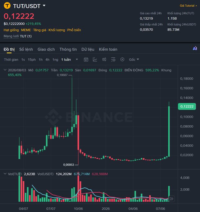 A Binance trading chart for TUT/USDT showing the token price at 0.12222 with a +219.45% gain, labeled as a MEME coin and viral token.