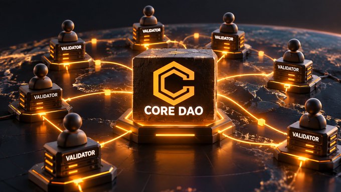 A 3D digital rendering of a blockchain network showing a central dark block labeled 'CORE DAO' connected by glowing orange lines to multiple surrounding server nodes labeled 'VALIDATOR'.