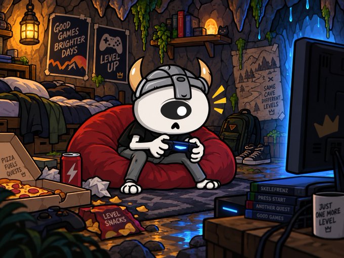 A cartoon illustration shows a character wearing a horned helmet sitting on a bean bag playing video games in a cave-like room decorated with posters reading "Good Games Brighter Lives Level Up" and "Level Snacks."