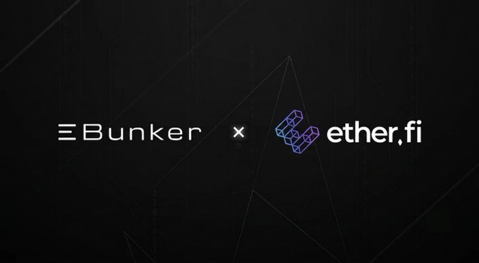 The image displays a partnership graphic featuring the "Bunker" logo alongside the "ether.fi" logo with a purple geometric icon, set against a dark background with subtle triangular accents. A "×" symbol between them indicates a collaboration, visually reinforcing the announcement of Bunker serving as a node operator partner for EtherFi deposits.
