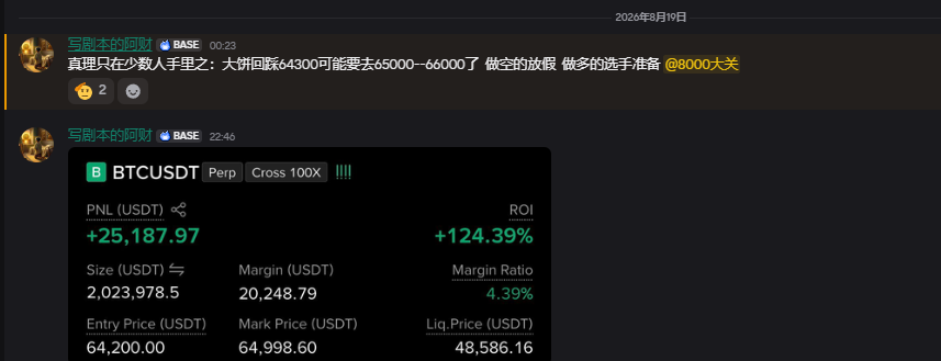 A Discord post by user "写剧本的阿财" on August 19, 2026, promotes the trader @8000大关, claiming his prediction that BTC would drop to 64,300 (potentially reaching 65,000-66,000) for short positions was accurate, supported by a screenshot showing a highly profitable BTCUSDT Perp trade with a +124.39% ROI and +$25,187.97 PNL on a cross 100X leveraged short position entered at $64,200.